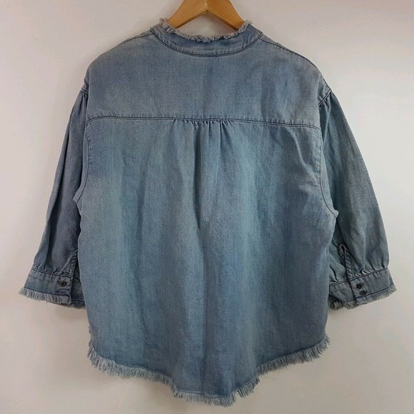 Holding Horses Raw Edge Denim Popover Tunic Blouse Linen Blend - Picture 4 of 6